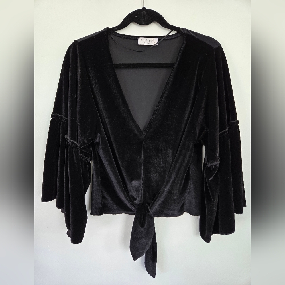 Lavander Field Whimsigoth Witchy Bell Sleeves black velvet tie-front top. Medium